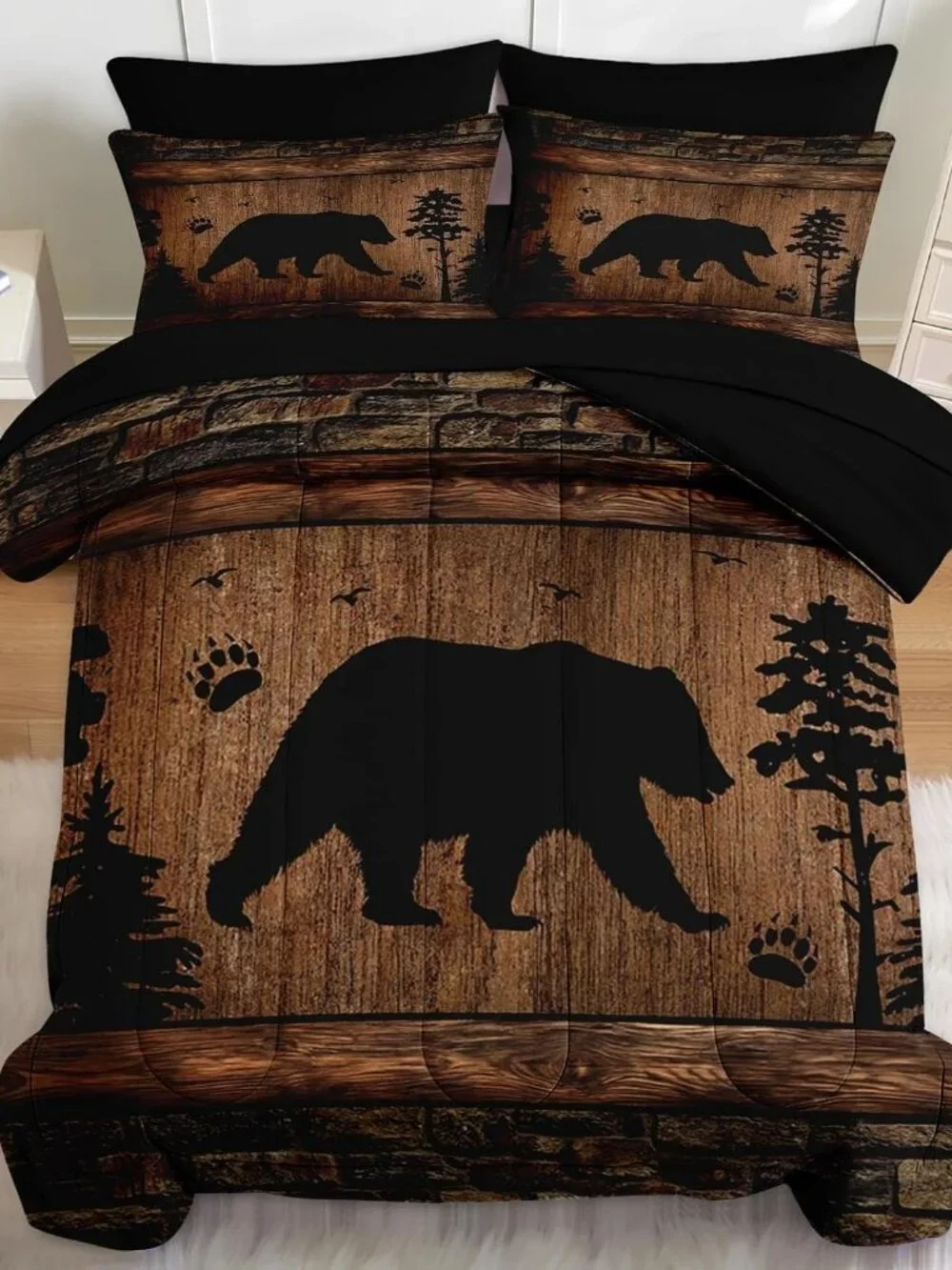 7 Pcs Comforter Set Queen Size, Wild Animal Brown Wooden Plank Bedding Set for K